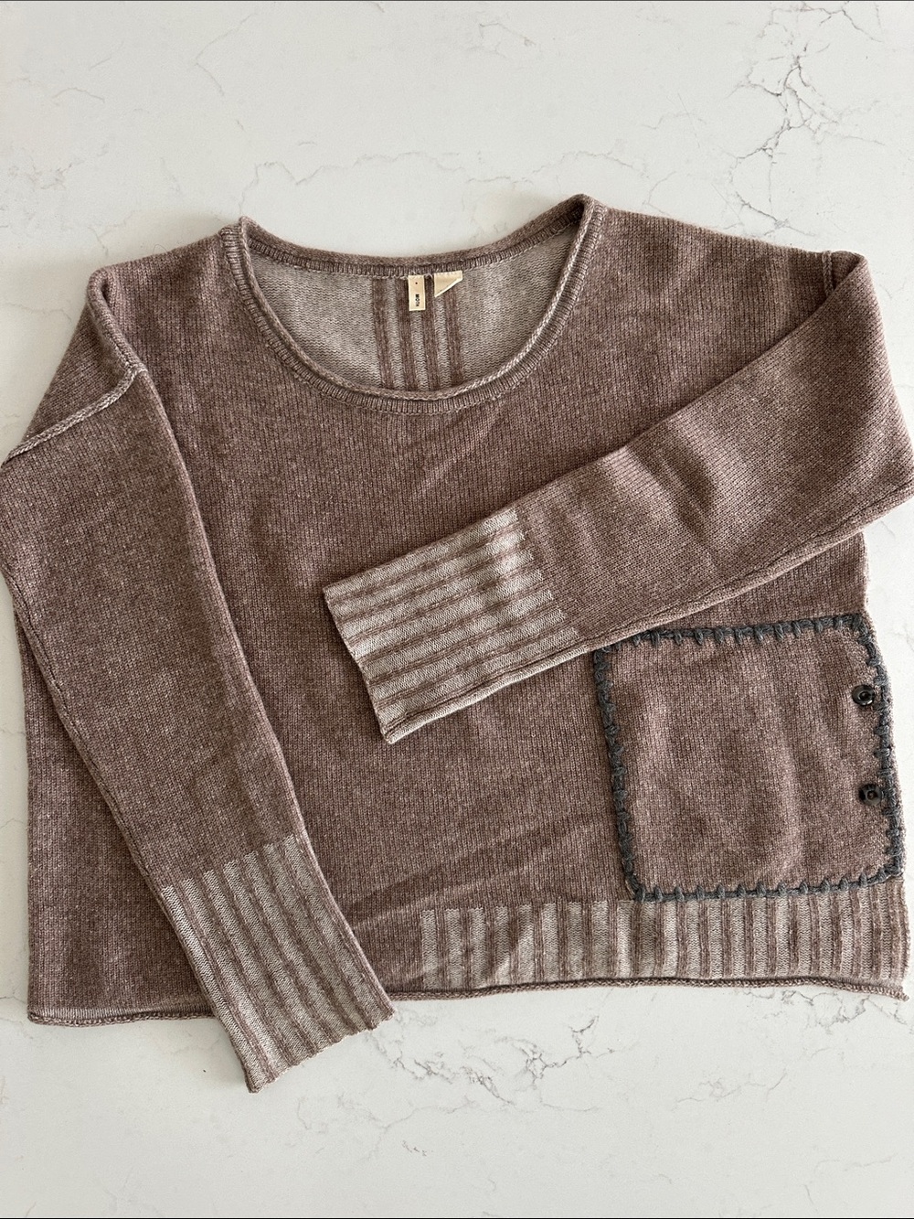 Anthropologie Taupe Cashmere Scoopneck Sweater with Trim Pocket